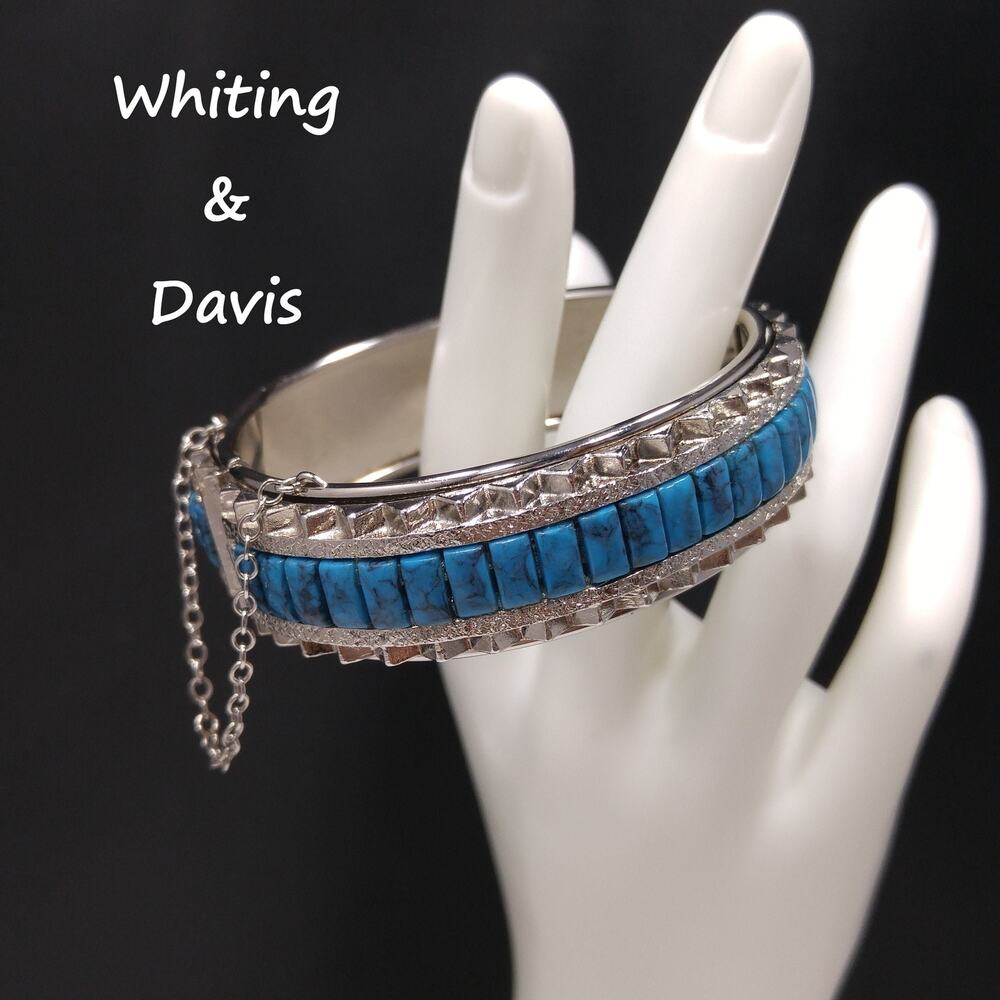 Whiting & Davis Faux Turquoise Hinged Bracelet, Silver Tone, 1970s Vintage